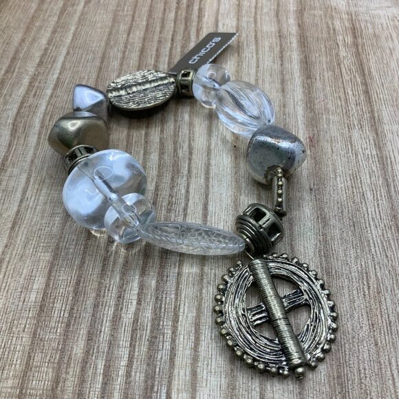 CHICO'S NWT 'Arria' Silver Gold Tone Beaded Stretchy Bracelet - Picture 1 of 5
